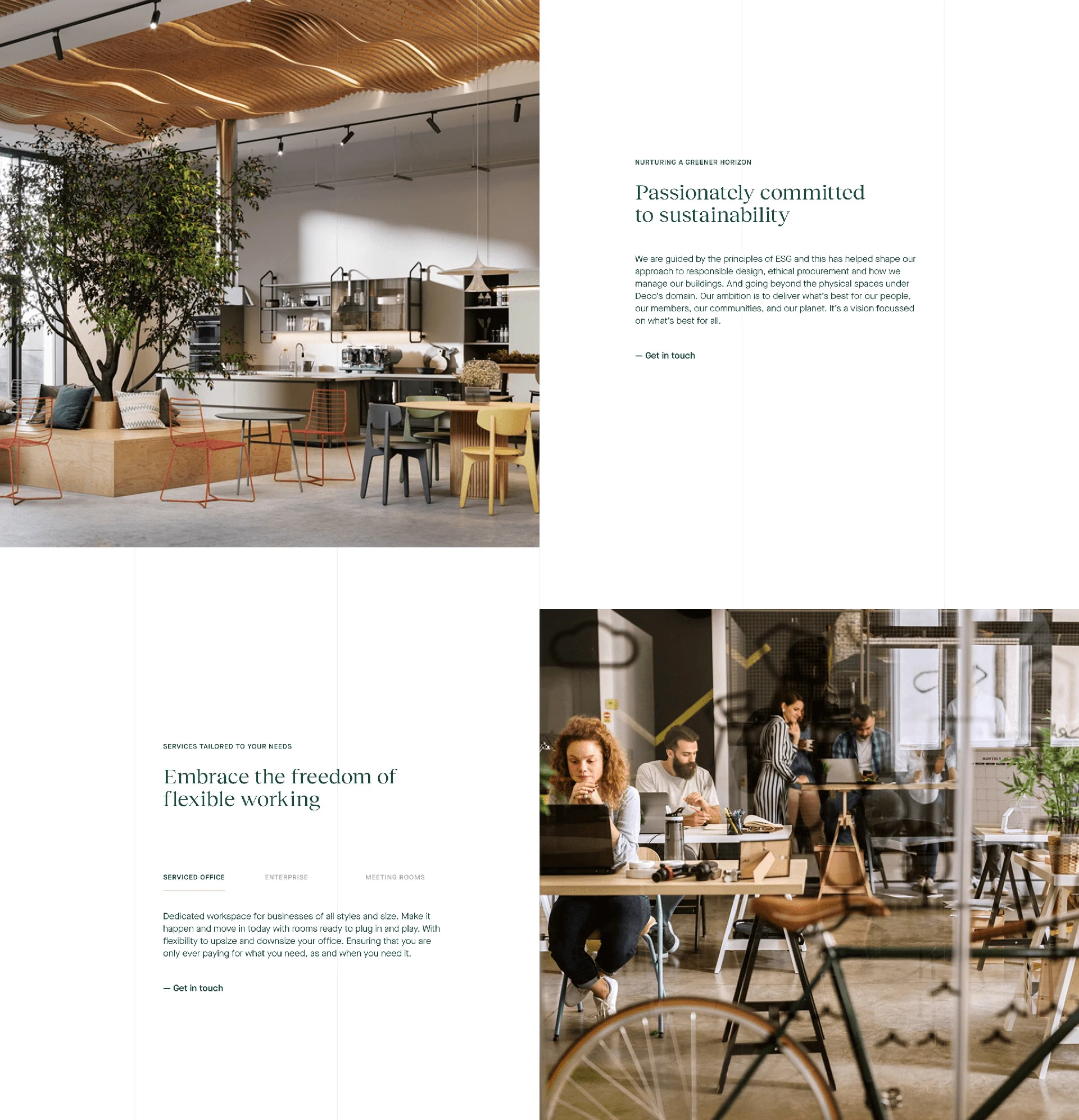 Deco website layout showcasing flexible workspace interiors