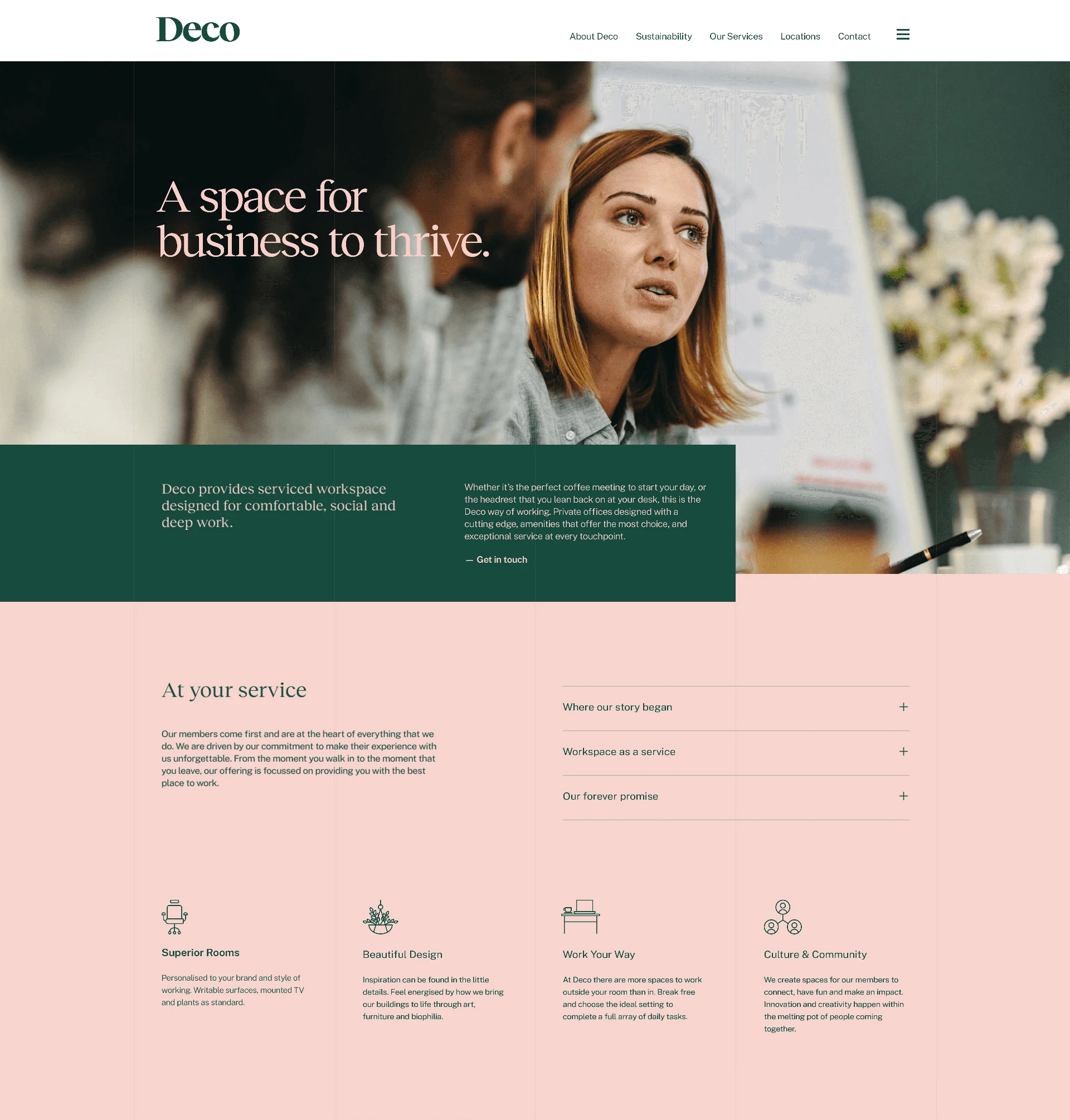 Deco website design with a workspace photograph and pastel service panels