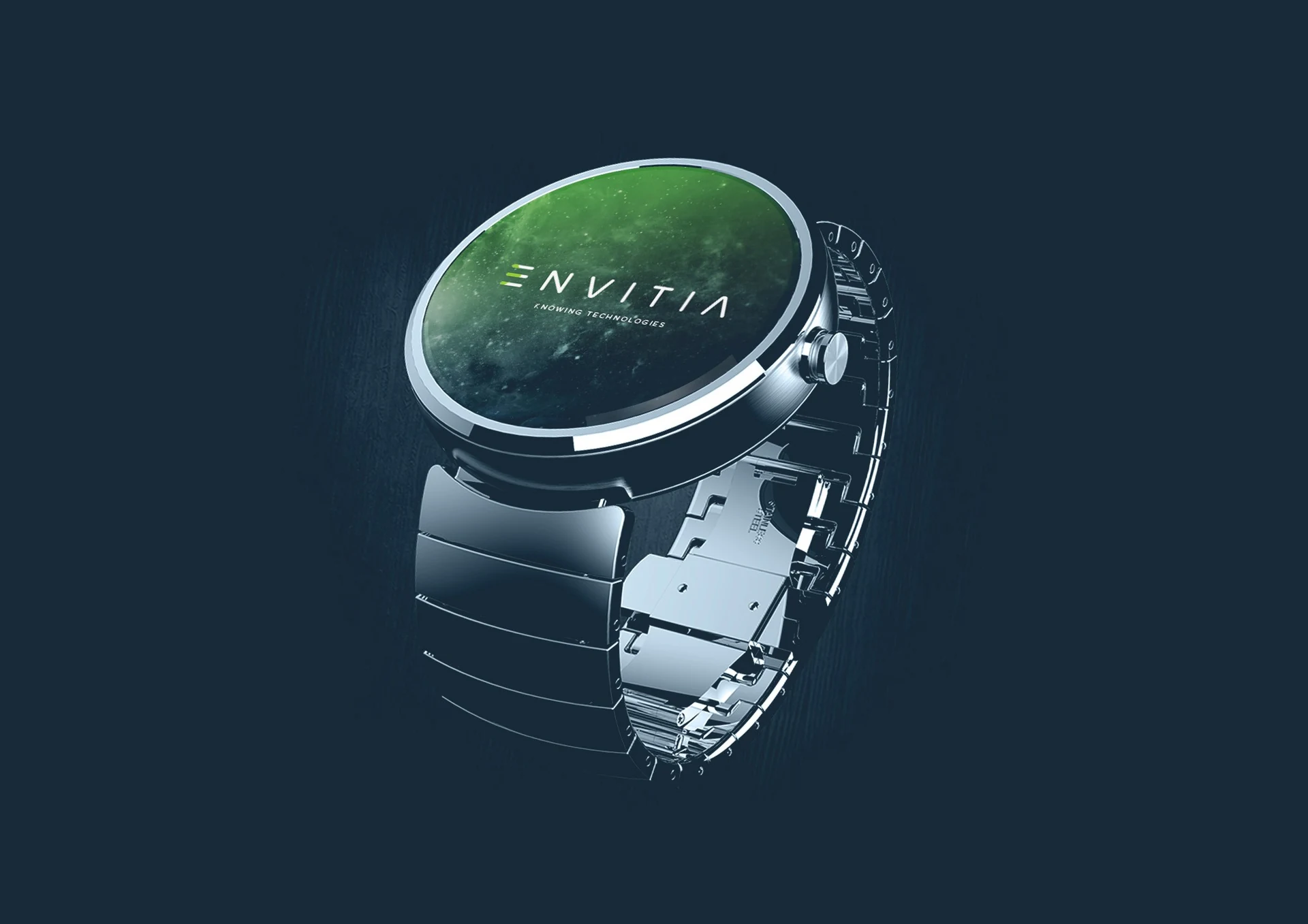 Watch face and strap design presentation on a dark background